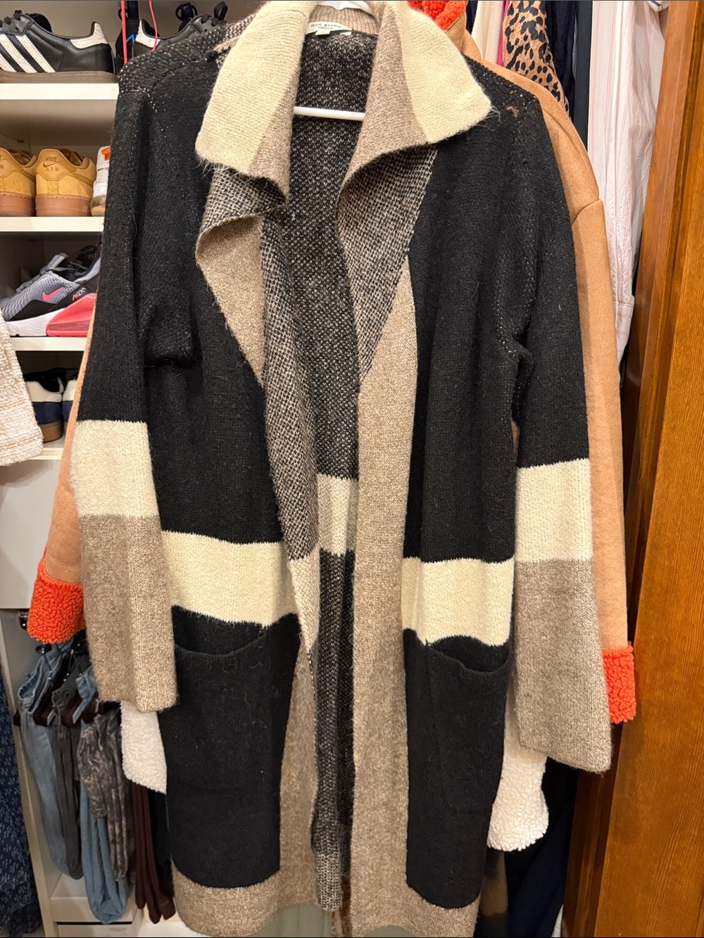 Max Studio Black, Beige & Cream Open-Front Striped Cardigan Coat